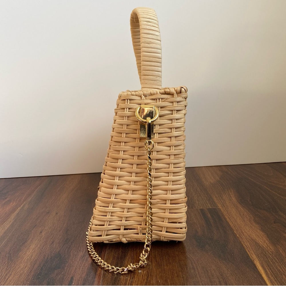 Zara Woven Raffia Straw Structured Handbag with Gold Chain Drawstring Linen - Picture 4 of 13